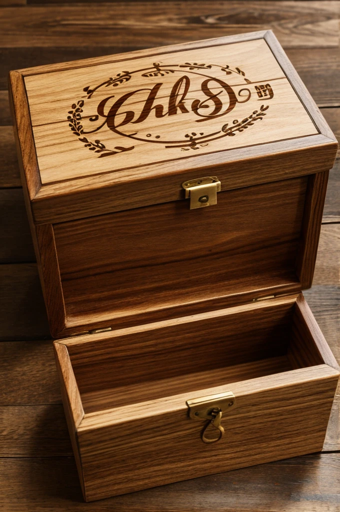 Wooden box with a signature in the middle