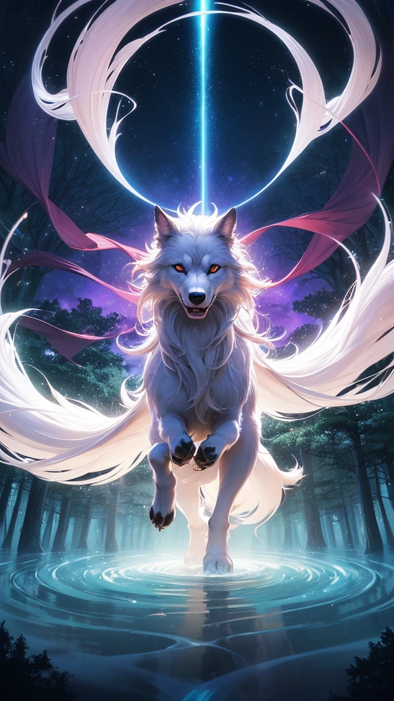 1 Big Wolf, mythical creature, nine tails, (glowing eyes:0.9), red fur, elegant posture, (spiritual aura:1.2), flowing mane, (floating in the air:1.3), mysterious, (wisdom:1.1), seductive, (enchanted forest background:1.4), moonlit night, magical, ancient, (ethereal glow:1.2), (translucent tails:1.1), mythical powers, (misty atmosphere:0.8), divine, (celestial beings:1.3), (fierce protector:1.2), alluring, (fading into shadows:0.9).