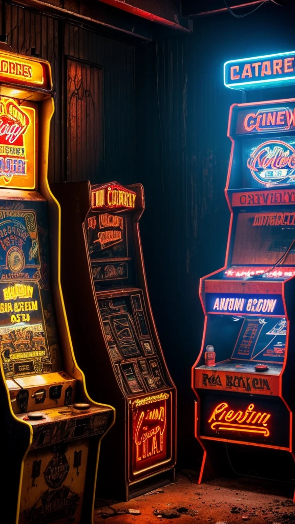 a detailed arcade cabinet, old-fashioned retro style, dusty and worn, dim lighting, cobwebbed corners, neon signs, flickering screens, vintage aesthetic, gritty urban environment, abandoned store interior, nostalgic atmosphere, rich textures, dramatic shadows, cinematic lighting, painterly rendering, vibrant color palette