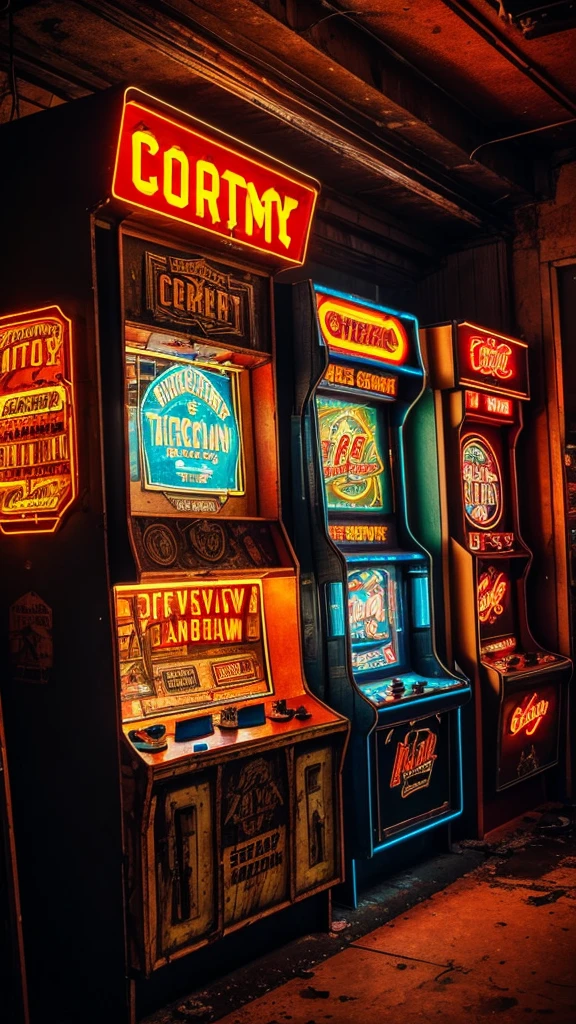 a detailed arcade cabinet, old-fashioned retro style, dusty and worn, dim lighting, cobwebbed corners, neon signs, flickering screens, vintage aesthetic, gritty urban environment, abandoned store interior, nostalgic atmosphere, rich textures, dramatic shadows, cinematic lighting, painterly rendering, vibrant color palette
