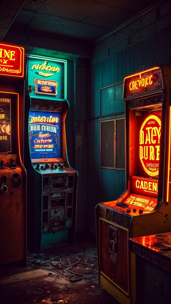 a detailed arcade cabinet, old-fashioned retro style, dusty and worn, dim lighting, cobwebbed corners, neon signs, flickering screens, vintage aesthetic, gritty urban environment, abandoned store interior, nostalgic atmosphere, rich textures, dramatic shadows, cinematic lighting, painterly rendering, vibrant color palette