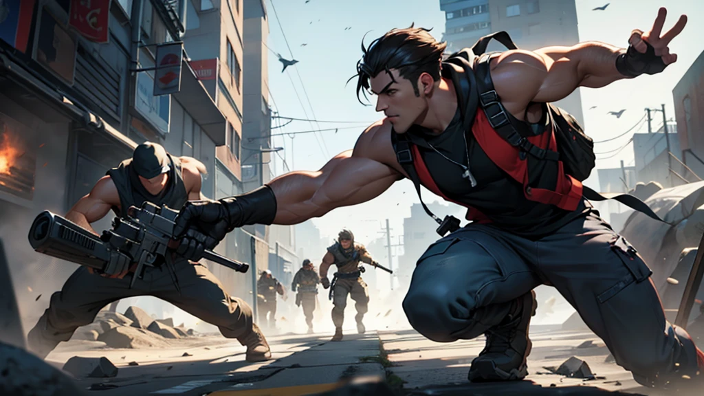 Create a youtube video cover on the subject of video game players taking part in action scenes.
