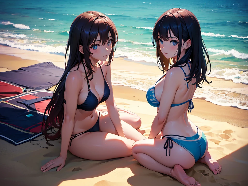 anime, Style, 2 girls in bikini, on the beach(best quality, 4k, 8k, high resolution, obra-prima: 1.2), ultra-detailed, (realista, fotorealista, foto-realista: 1.37) colorido com vibrantes cores, soft lighting