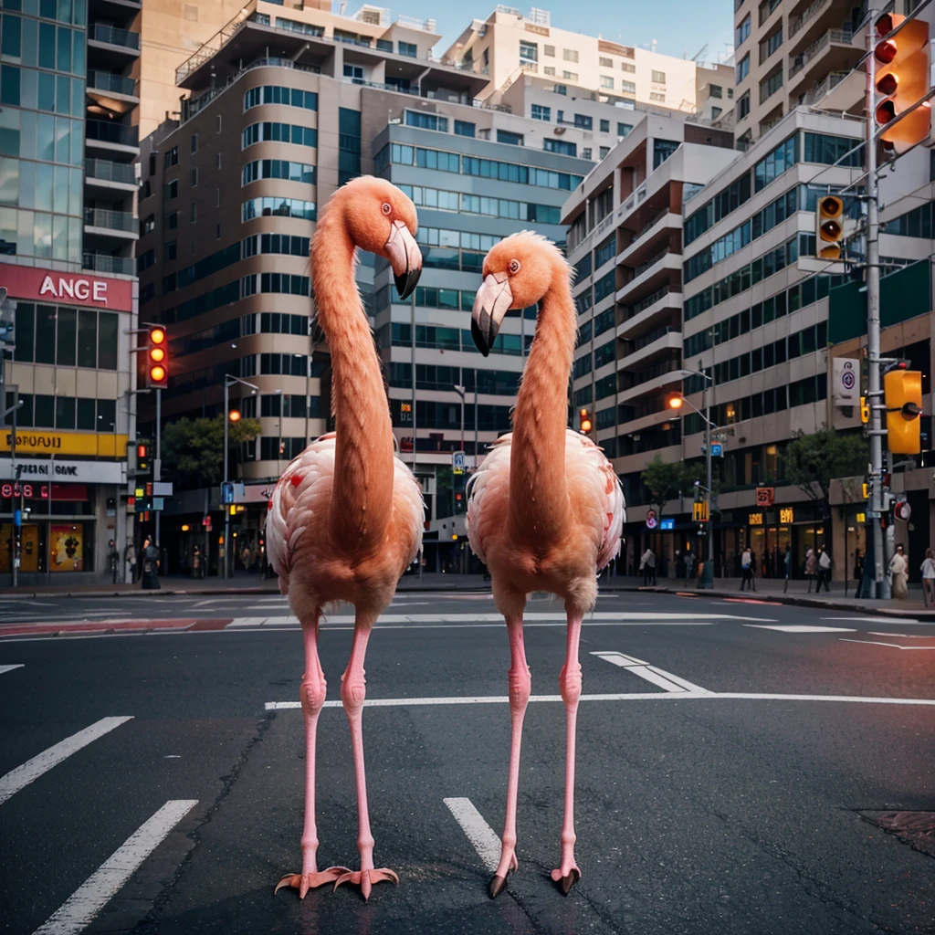 A flamingo is as big as a 5-story building. Standing in the middle of a red light intersection. Realistic image.