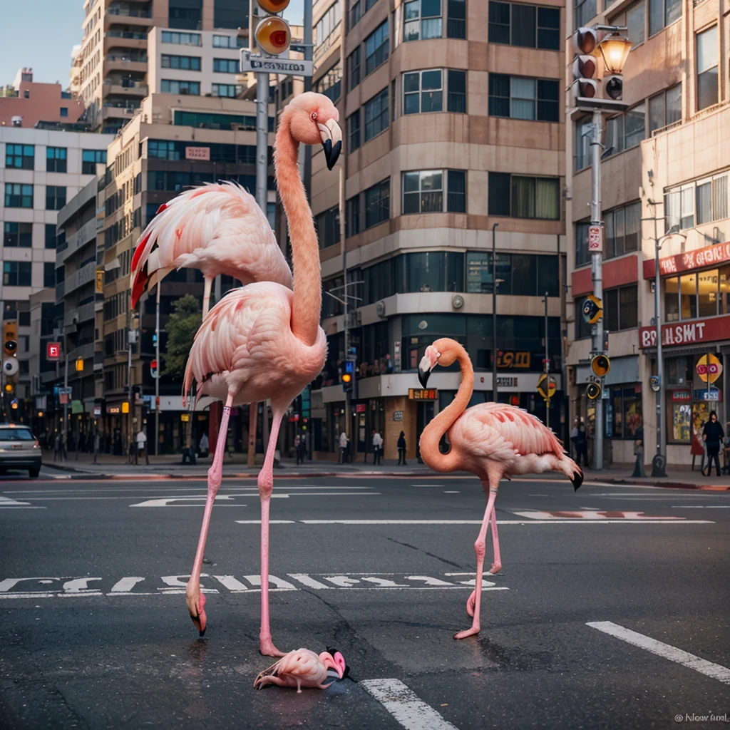 A flamingo is as big as a 5-story building. Standing in the middle of a red light intersection. Realistic image.
