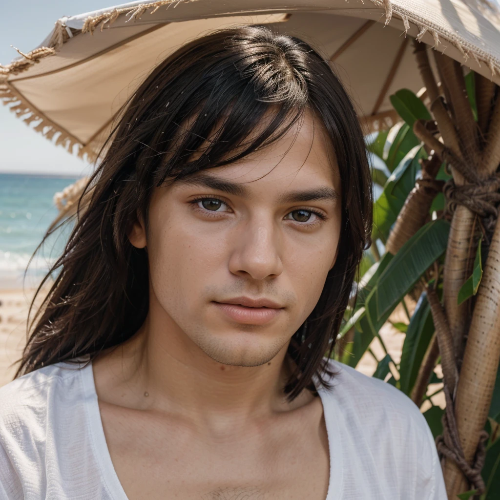 Ultrarealistic portrait high resolution 16k close up of white man black straight hair, brown eyes, young age.  high brightness, high saturation, high contrast, high sharpness.  Background of the image being a beach landscape with sunny blue sky.