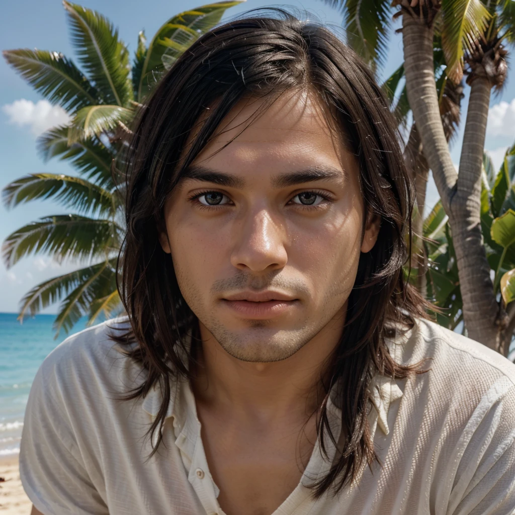 Ultrarealistic portrait high resolution 16k close up of white man black straight hair, brown eyes, young age.  high brightness, high saturation, high contrast, high sharpness.  Background of the image being a beach landscape with sunny blue sky.