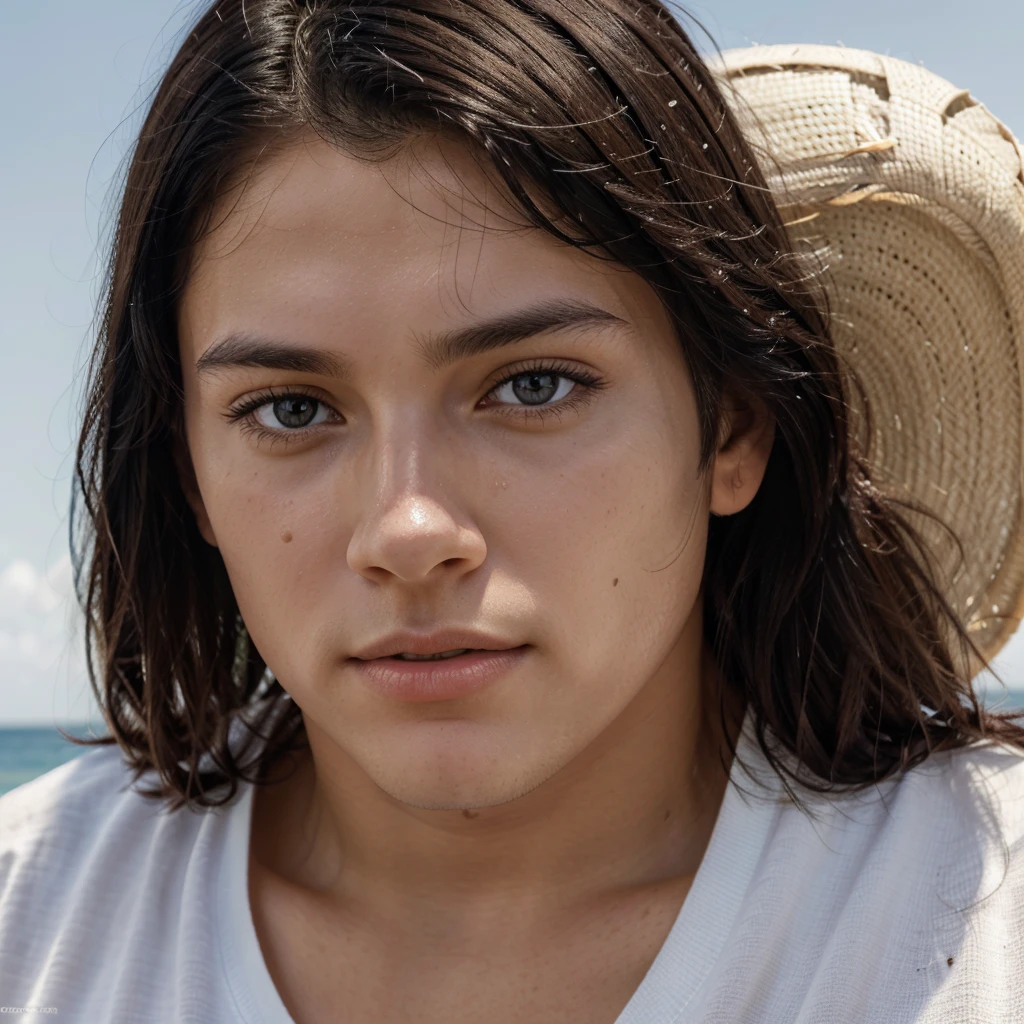 Ultrarealistic portrait high resolution 16k close up of white man black straight hair, brown eyes, young age. high brightness, high saturation, high contrast, high sharpness. Background of the image being a beach landscape with sunny blue sky.