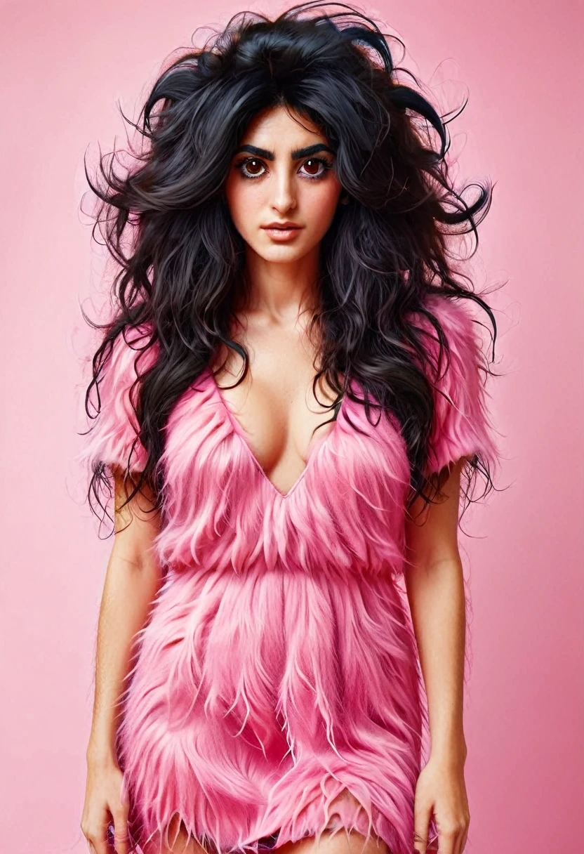 Jewish woman, black hair, black eyes, completely unkempt hairy body, wears a pink low-cut dress