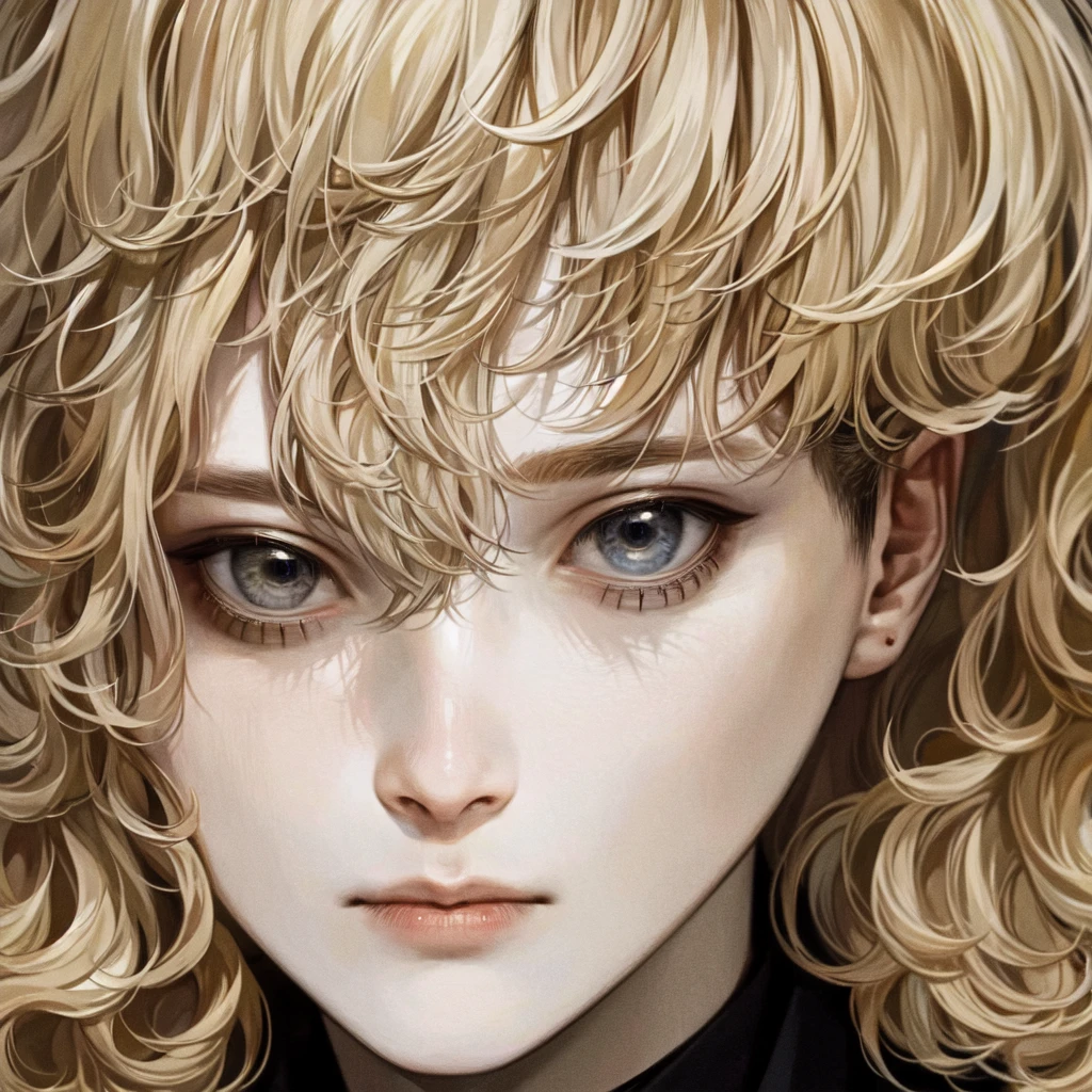 masterpiece, 1 boy, a well-drawn face up close, high quality, 8K, Ultra HD, actor, Curly long blonde hair