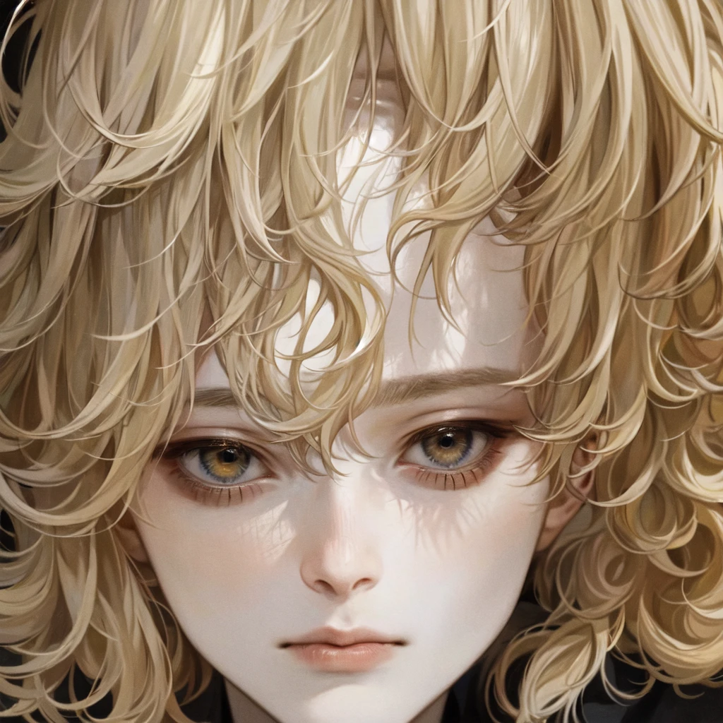 masterpiece, 1 boy, a well-drawn face up close, high quality, 8K, Ultra HD, actor, Curly long blonde hair