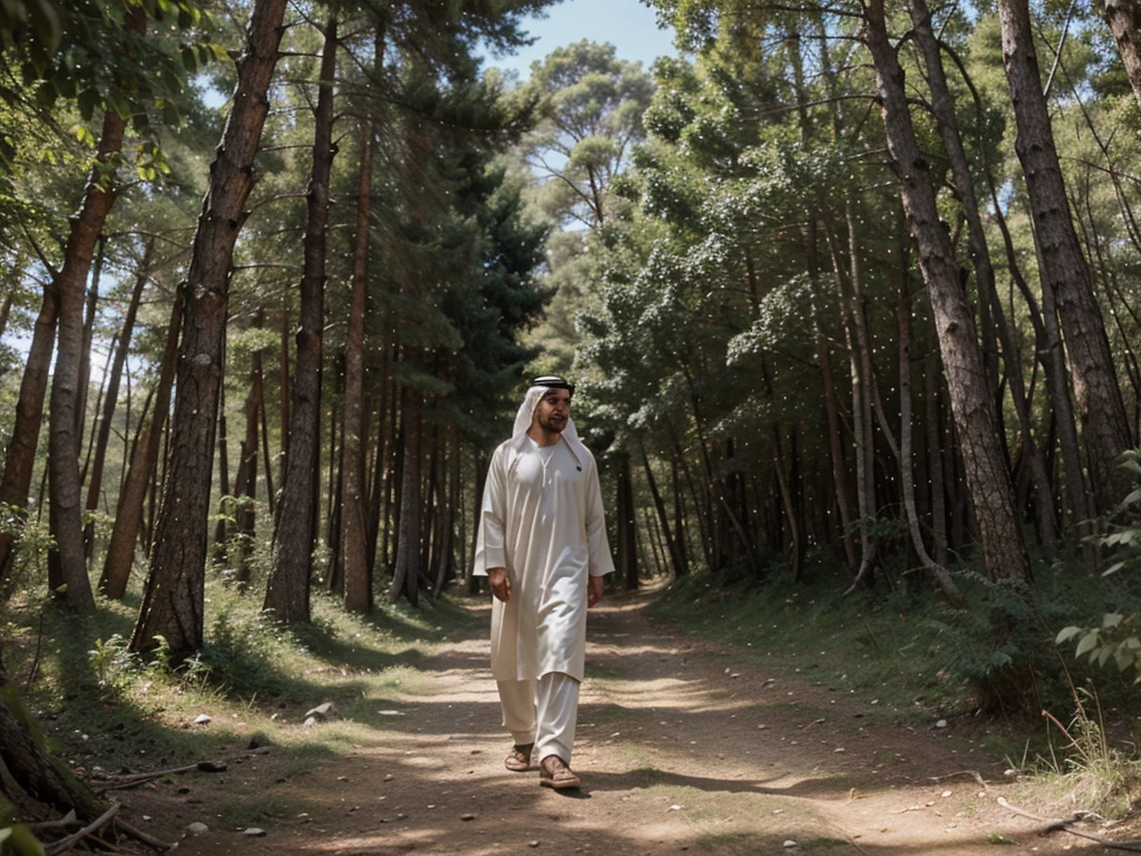 create an Arab character named Samir, walking in the forest of Lebanon,