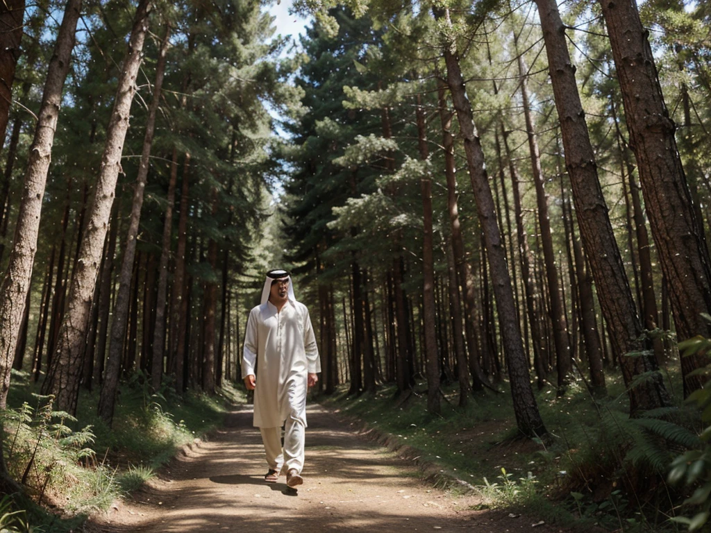 create an Arab character named Samir, walking in the forest of Lebanon,  