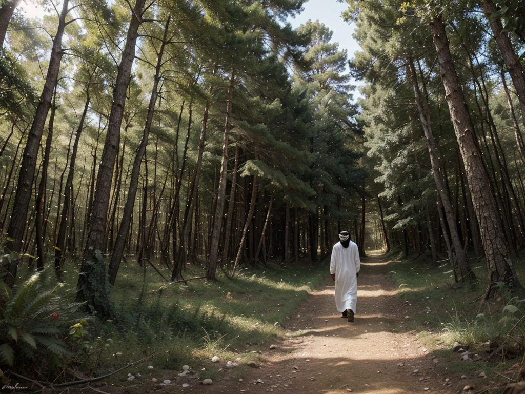 create an Arab character named Samir, walking in the forest of Lebanon,  