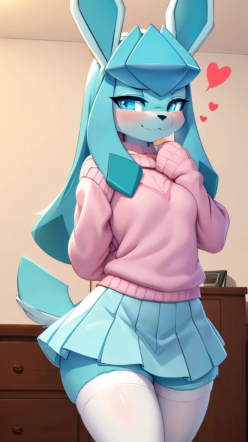 best quality,best resolution,(fluffy anthro furry :1.3),Glaceon,cyan eyes,glowing eyes,neon eyes,glistering eyes,medium breasts,pink sweater,(white skirt),white stockings,bedroom,hungry face,desire smile,eye close,looking at viewer,full face blush,heavy breath,very hot,heart eyes,shy expression eyes,shy pose,front view,Glaceon,teenager (18 years old)