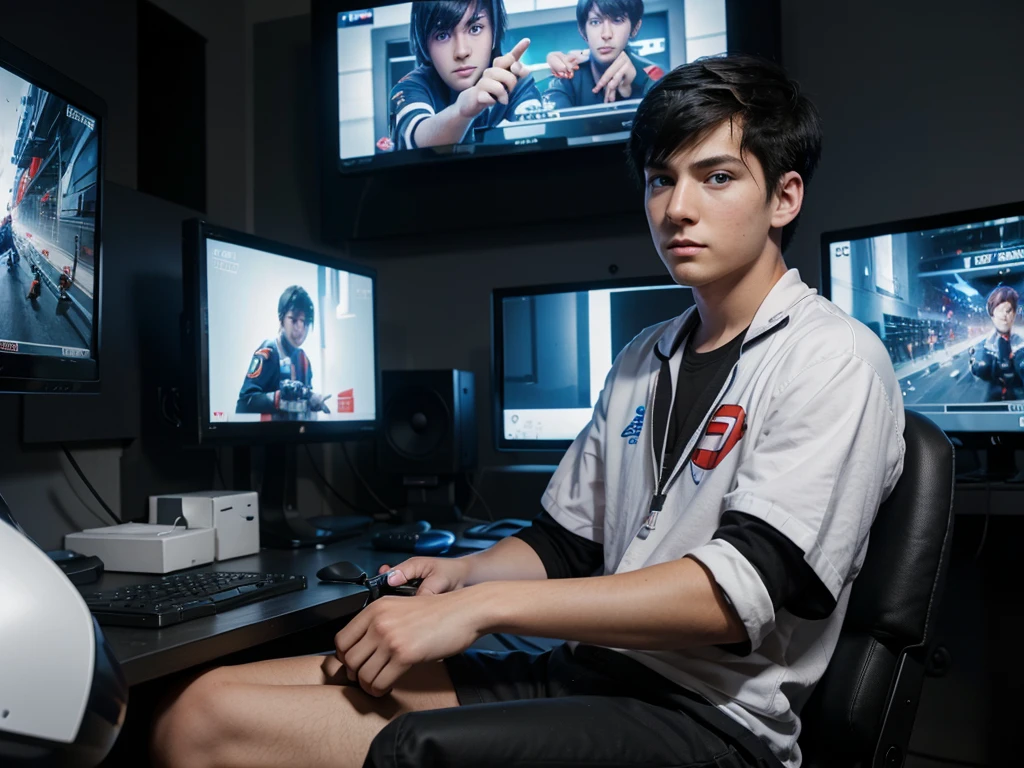 Best quality: 1.0), (Super High Resolution: 1.0), Anime boy, short black hair, blue eyes, sitting in front of computer playing games, background in esports room,