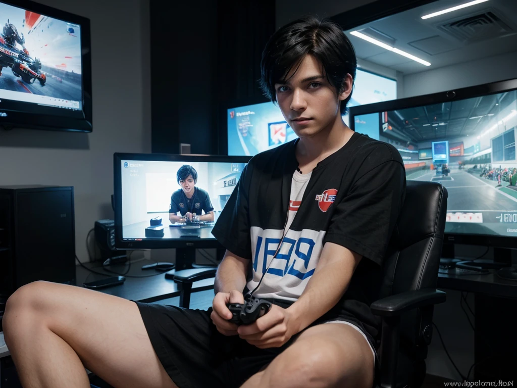 Best quality: 1.0), (Super High Resolution: 1.0), Anime boy, short black hair, blue eyes, sitting in front of computer playing games, background in esports room,