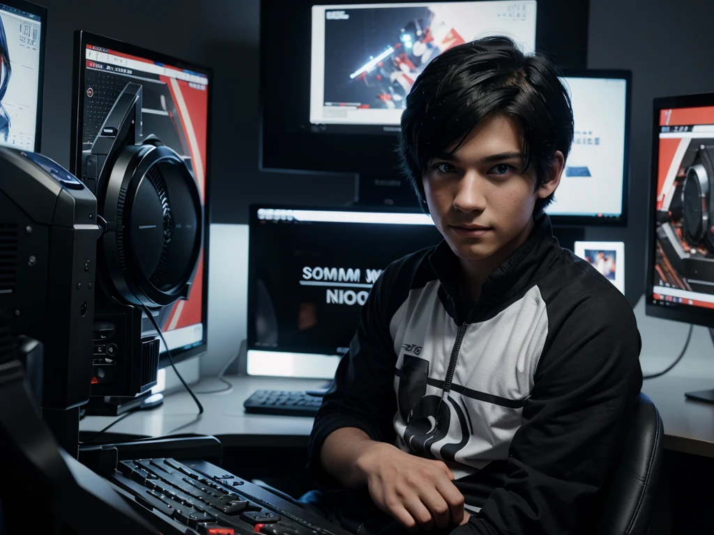Best quality: 1.0), (Super High Resolution: 1.0), Anime boy, short black hair, blue eyes, sitting in front of computer playing games, background in esports room,
