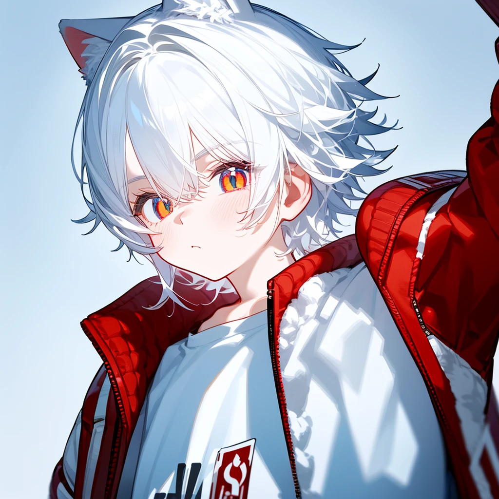 A solo cat boy,His hair is white and his eyes are red, wearing jacket, bust up!!! Cute boy, casual boy,