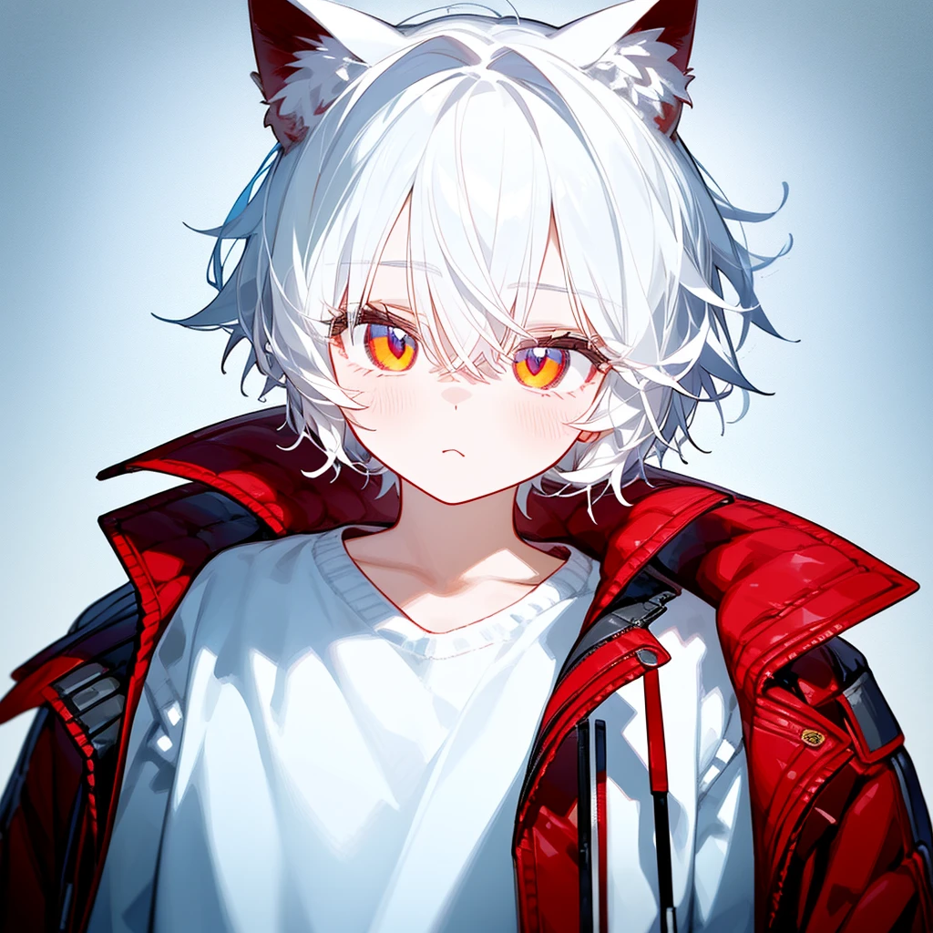 A solo cat boy,His hair is white and his eyes are red, wearing jacket, bust up!!! Cute boy, casual boy,