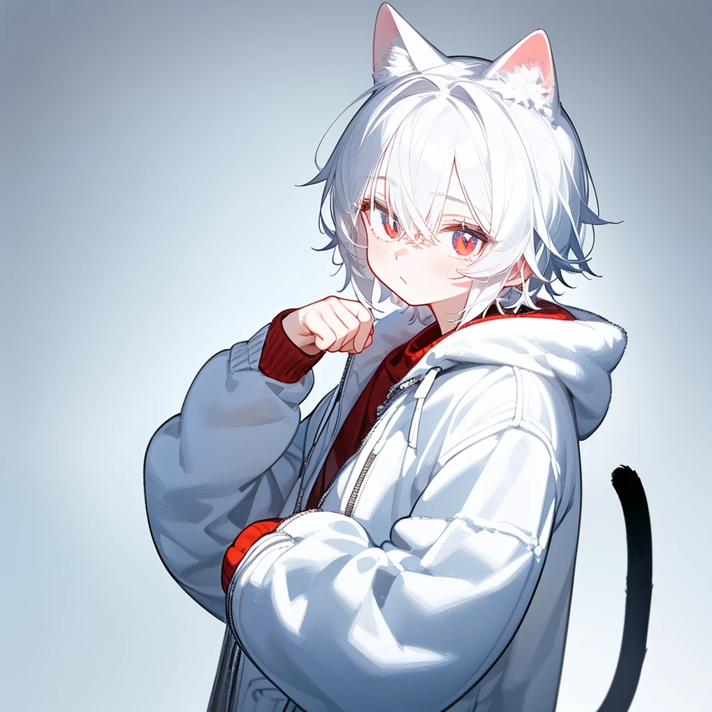 A solo cat boy,His hair is white and his eyes are red, wearing jacket, bust up!!! Cute boy, casual boy,