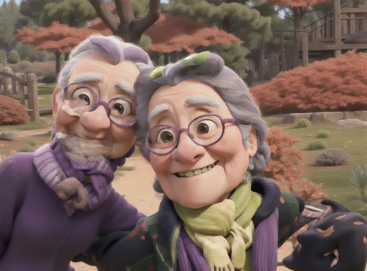 masterpiece, best quality, an old woman with glasses and a scarf on, wearing a purple coat and green scarf, standing at the park