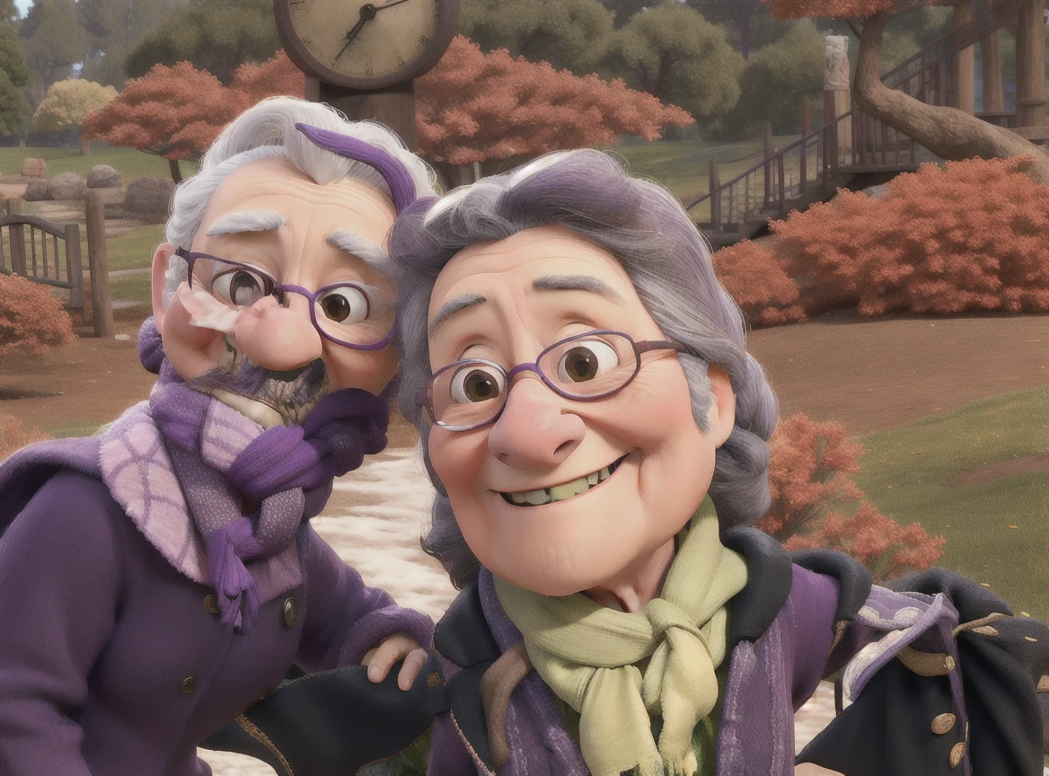 masterpiece, best quality, an old woman with glasses and a scarf on, wearing a purple coat and green scarf, standing at the park