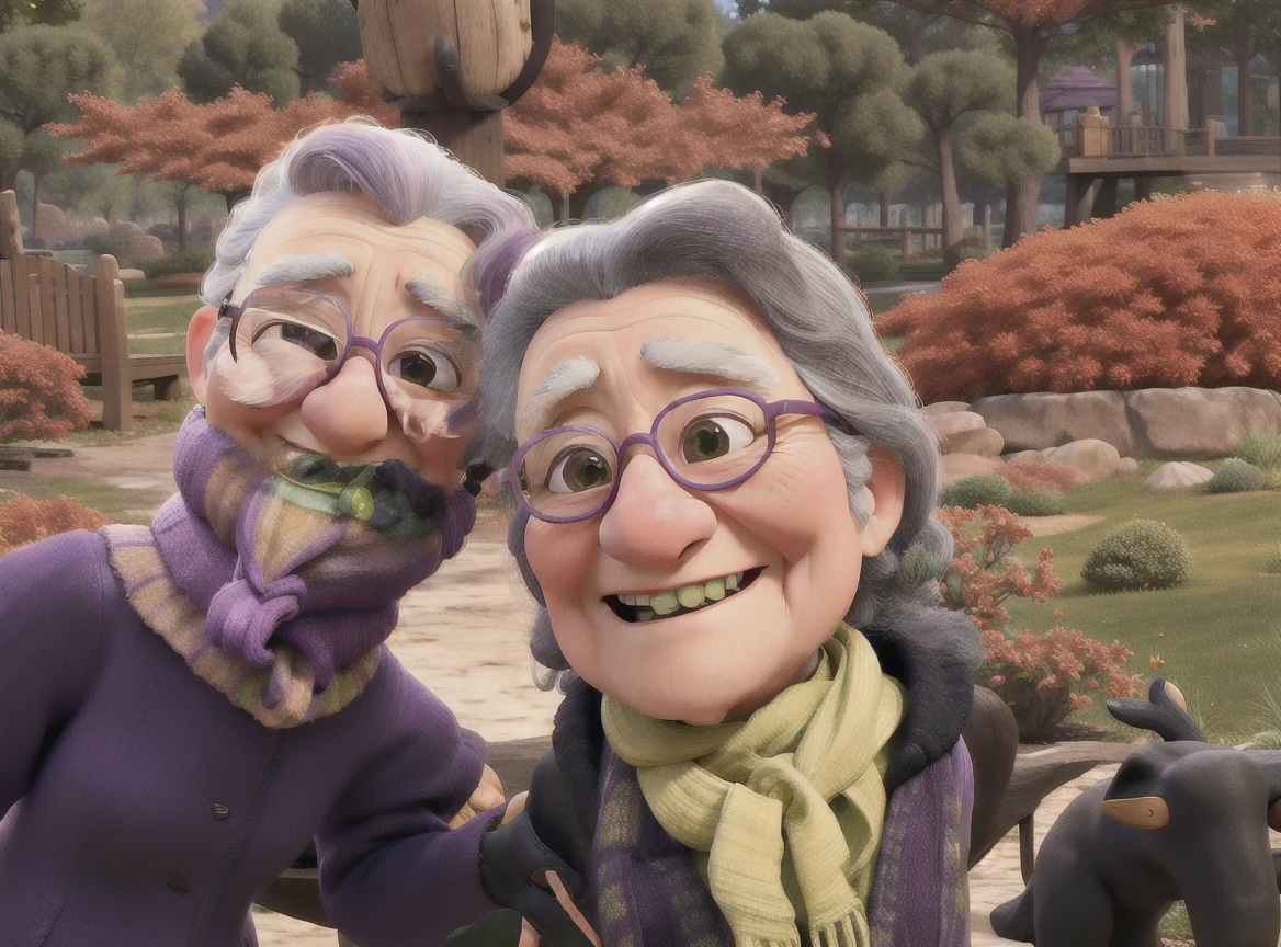 masterpiece, best quality, an old woman with glasses and a scarf on, wearing a purple coat and green scarf, standing at the park