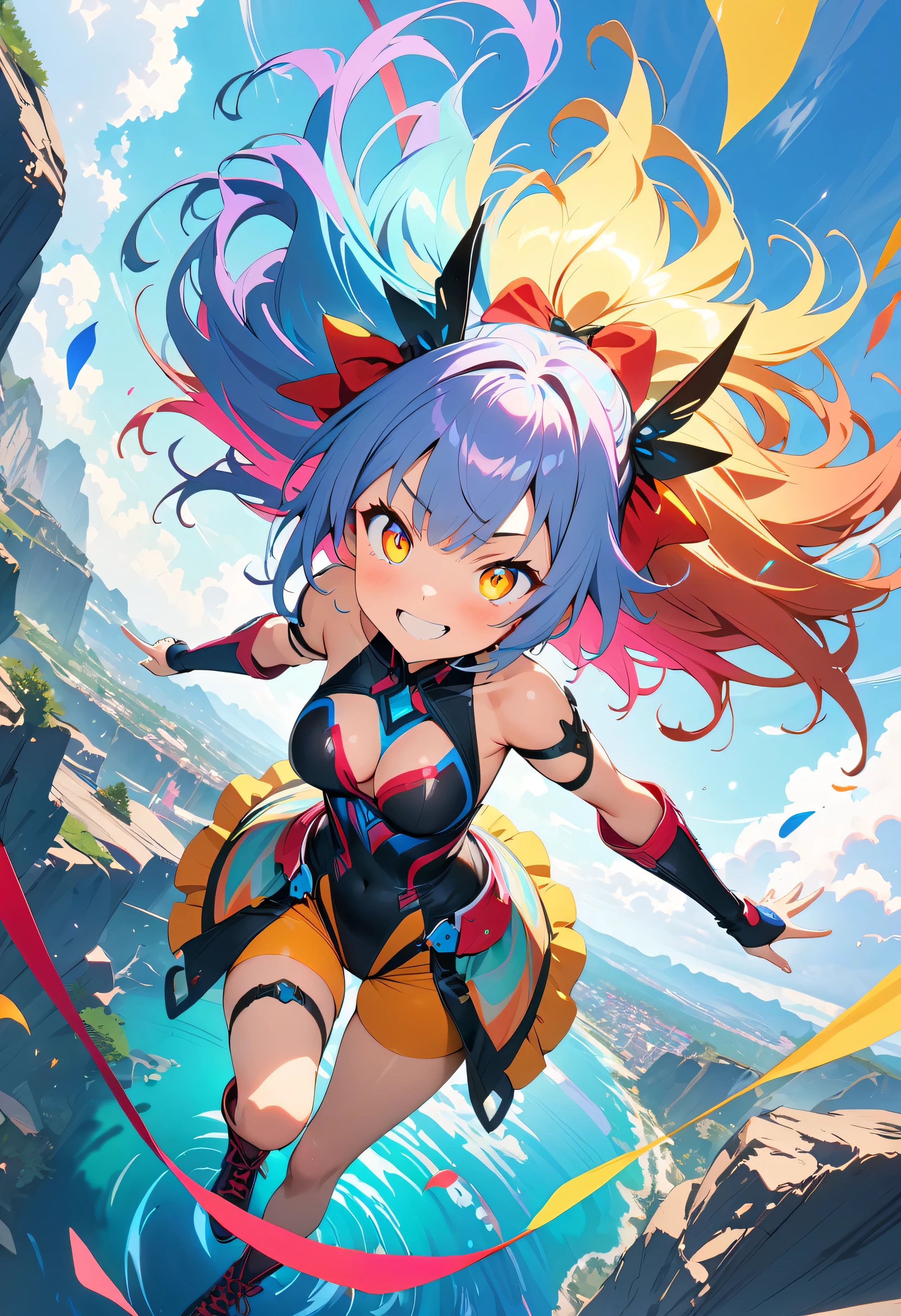 (masterpiece, Highest quality, Official Art:1.2), (colorful), Perfect Anatomy, Looking at the audience, One Girl, alone, White Background, floating colorful water, Ultra-fine illustrations, highly detailed, Dynamic Angle, beautiful detailed, 8K, break smiling amidst the colorful scenes, (Highest quality, masterpiece, High resolution, detailed), Anime Style, (Shining Eyes, detailed美しい顔), break,Dynamic Angle, Whole body shot