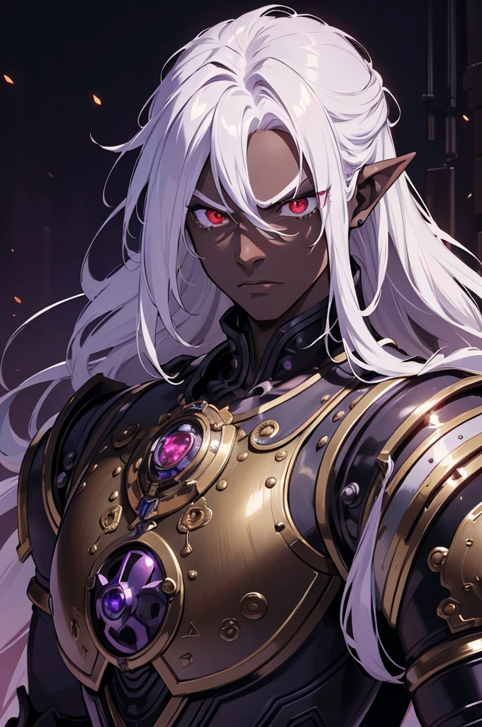 ((best quality)), ((masterpiece)), (detailed),8k, ((1boy)), ((mechanical armor)), (dungeonpunk),(steampunk), (serious), dark skinned, human, upper body, portrait, red eyes, perfect eyes, long white hair, Xemnas from Kingdom Hearts, half-drow, pointy ears, serious face, dramatic lighting, purple hue, art by Kinema Citrus
