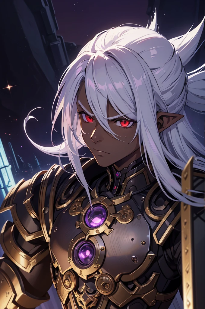 ((best quality)), ((masterpiece)), (detailed),8k, ((1boy)), ((mechanical armor)), (dungeonpunk),(steampunk), (serious), dark skinned, human, upper body, portrait, red eyes, perfect eyes, long white hair, Xemnas from Kingdom Hearts, half-drow, pointy ears, serious face, dramatic lighting, purple hue, art by Kinema Citrus