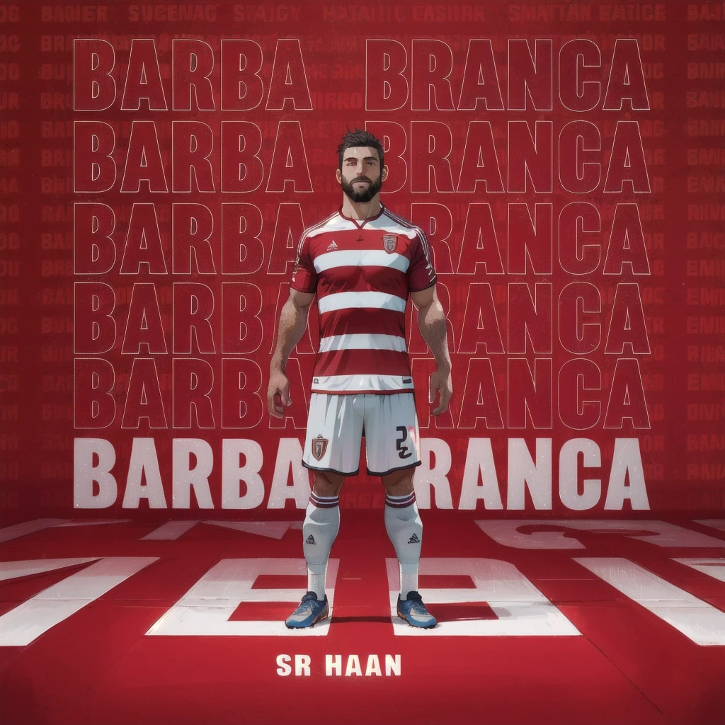 best quality, masterpiece, super high resolution, detailed background, realism, Illustrations, single, 1 boy, soccer field, muscle, volumetric lighting, depth of field, full body, facial hair, full body, full body, soccer player, red and white spaced clothes