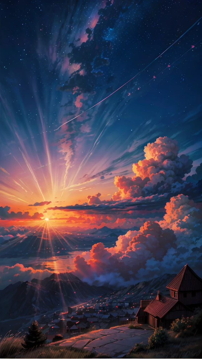 cloud, colorful, starry, stars, ((masterpiece)), ((ultra-detailed)), pixiv, best shadows, best lighting, best quality, cinematic shot, rim lightning, no humans, sky, scenery, power lines, crescent moon, outdoors, moon, cloud, utility pole, building, star \(sky\), night, signature, starry sky, night sky, sunset, cloudy sky, red sky, afternoon, sunset, many cloud, 8k, cozy  house, light, 