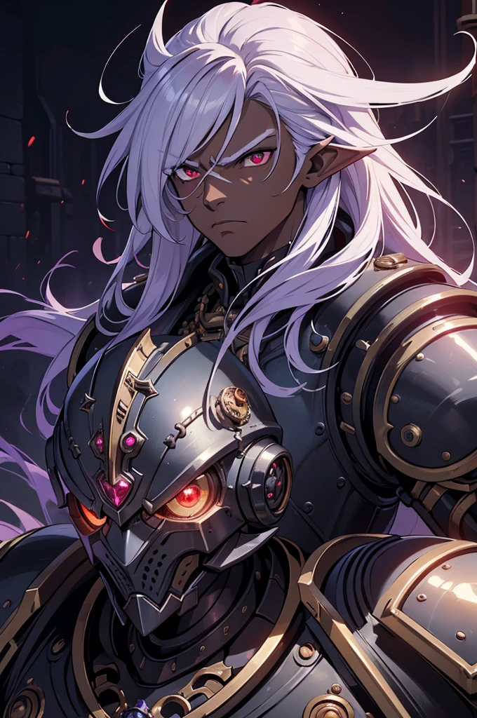 ((best quality)), ((masterpiece)), (detailed),8k, ((1boy)), ((mechanical armor)), (dungeonpunk),(steampunk), (serious), dark skinned, human, upper body, portrait, red eyes, perfect eyes, long white hair, Xemnas from Kingdom Hearts, half-drow, pointy ears, serious face, dramatic lighting, purple hue, art by Kinema Citrus