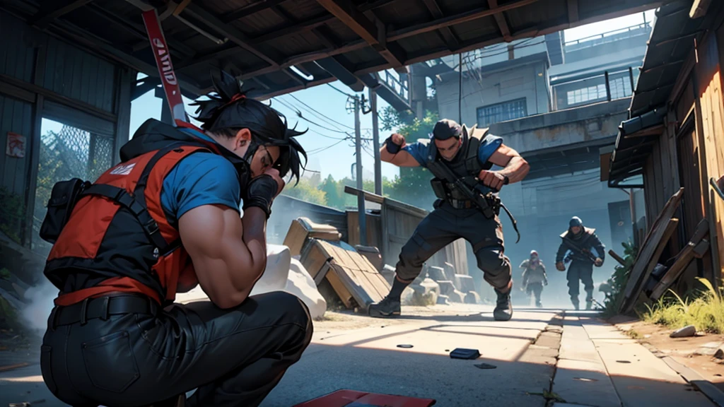 Create a youtube video cover on the subject of video game players taking part in action scenes.
