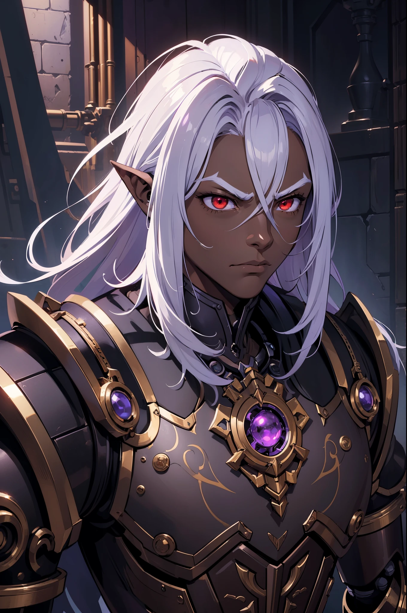((best quality)), ((masterpiece)), (detailed),8k, ((1boy)), ((mechanical armor)), (dungeonpunk),(steampunk), (serious), dark skinned, human, upper body, portrait, red eyes, perfect eyes, long white hair, Xemnas from Kingdom Hearts, half-drow, pointy ears, serious face, dramatic lighting, purple hue, art by Kinema Citrus