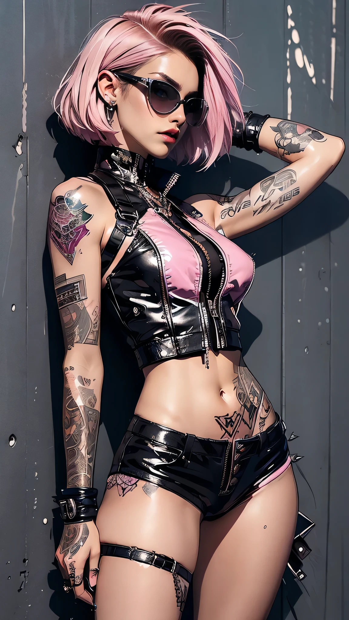 (((of the highest quality: 1.4))),(incomparable masterpiece ever), (ultra high definition),(Ultra-realistic 8k CG), Official Art、
 (((adult body))), (((1 girl in))), ((( short hair bob ))), Punk girl with a perfect body, Jacket with metal spikes.,Beautiful and well-groomed face.,,
Detailed punk fashion,leather jackets, (Image from head to thigh.),((Pink short hair bob )), Small leather panties, 
 wild urban style,Detailed London street background,clean abs, Complex graphics, 
dark pink with white stars and gray and white stripes,,,, (( Many poisonous tattoos )), piercings, sunglasses, curvy, busty, sexy, underboob, thigh high stripey socks