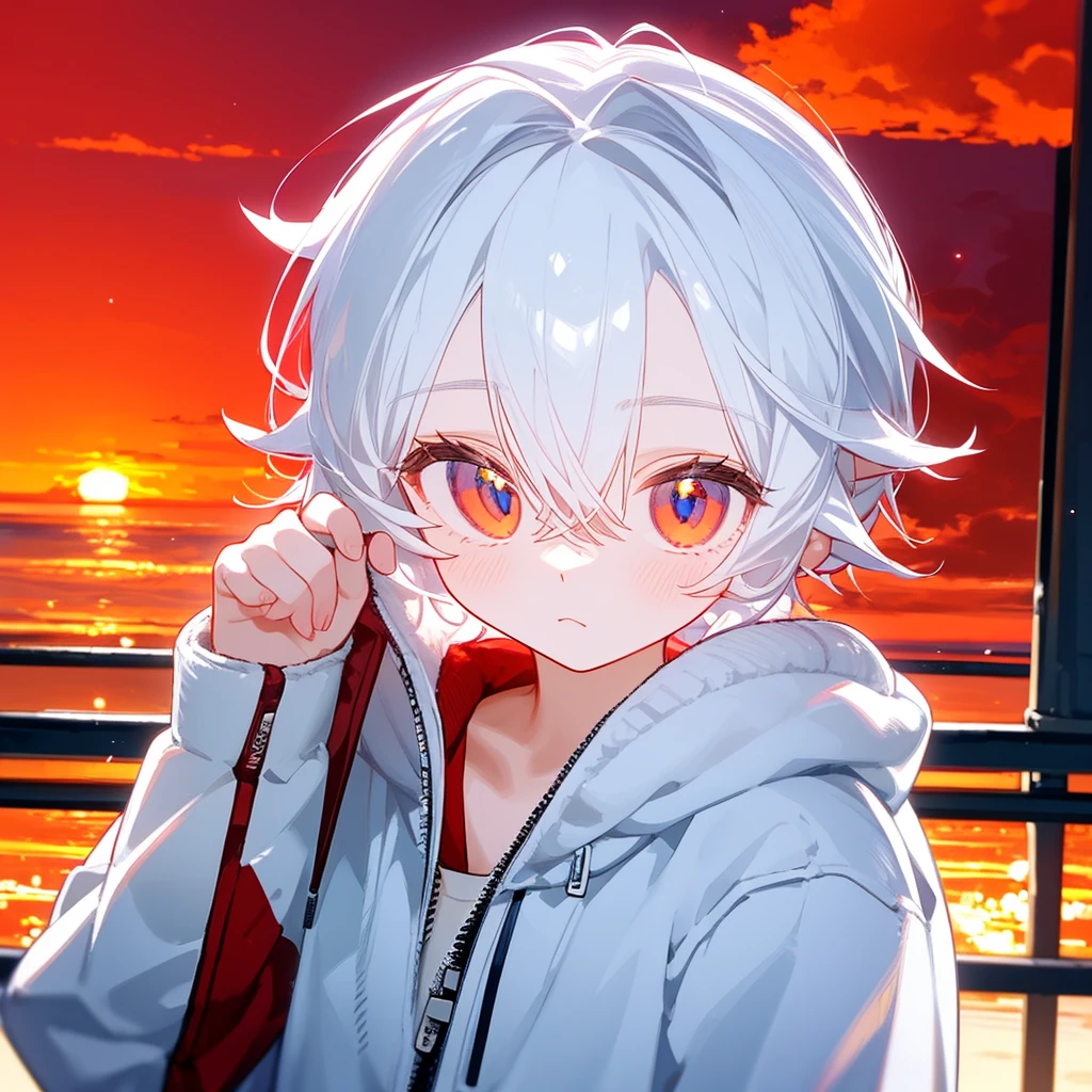 A solo cat boy,His hair is white and his eyes are red, wearing jacket, bust up!!! Cute boy, casual boy, sunset sky