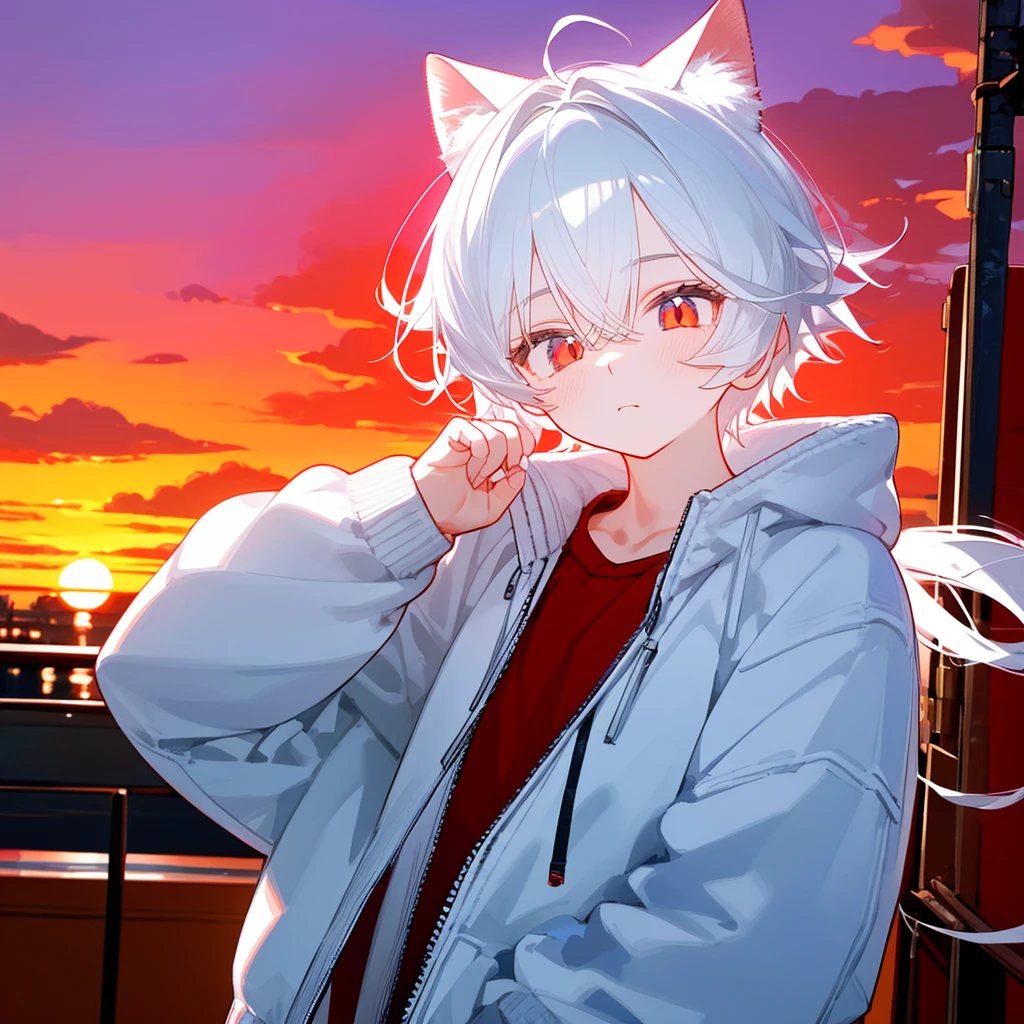 A solo cat boy,His hair is white and his eyes are red, wearing jacket, bust up!!! Cute boy, casual boy, sunset sky