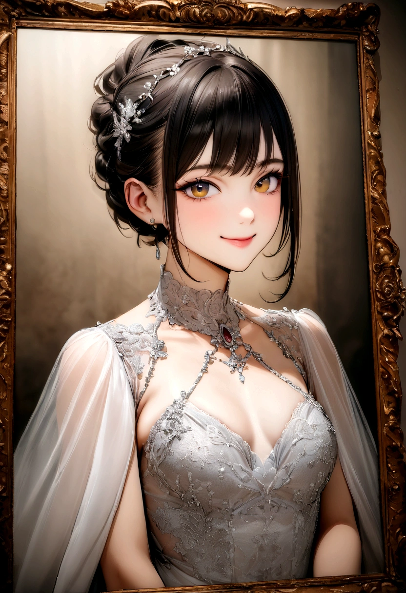masterpiece, best quality, 8K, 18 year old, Brute Photo, absurdes, award winning portrait, smile, smile, sheer, German, gown