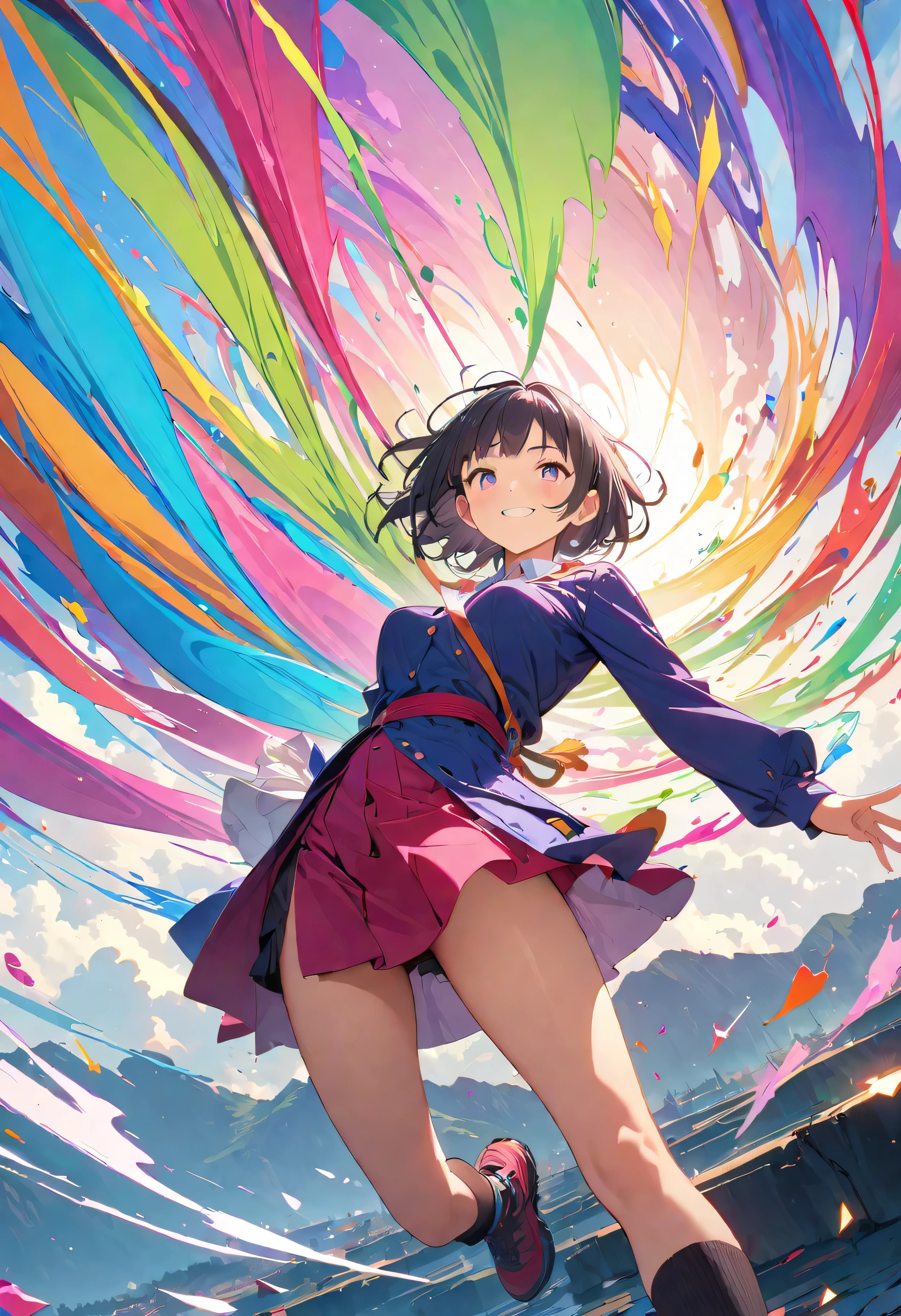 (masterpiece, Highest quality, Official Art:1.2), (colorful), Perfect Anatomy, Looking at the audience, One Girl, alone, White Background, floating colorful water, Ultra-fine illustrations, highly detailed, Dynamic Angle, beautiful detailed, 8K, break smiling amidst the colorful scenes, (Highest quality, masterpiece, High resolution, detailed), Anime Style, (Shining Eyes, detailed美しい顔), break,Dynamic Angle, Whole body shot