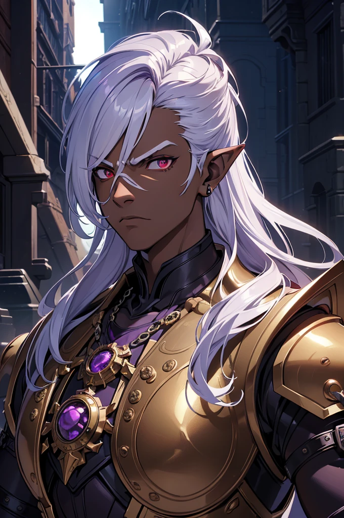 ((best quality)), ((masterpiece)), (detailed),8k, ((1boy)), ((mechanical armor)), (dungeonpunk),(steampunk), (serious), dark skinned, human, upper body, portrait, red eyes, perfect eyes, long white hair, Xemnas from Kingdom Hearts, half-drow, pointy ears, serious face, dramatic lighting, purple hue, art by Kinema Citrus