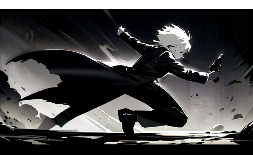 yuto-sano, 1boy, full body, black suit, white hair, gun, monochrome, highly detailed, dramatic pose, sharp focus, intricate details, chiaroscuro, moody atmosphere, dark and gritty, powerful, intense, masterpiece
