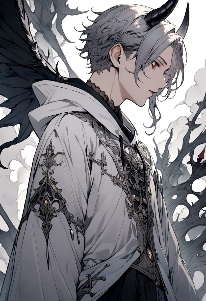 Boy, white, with gray hair, wearing a white hoodie, and black demon horns