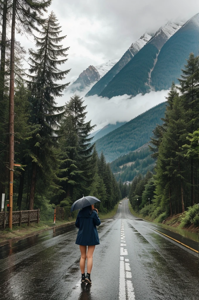 A girl standing in a road where there is trees on both the sides and mountains could be seen far away in a rainy weather and has put down her umbrella and is facing the mountains in the front 