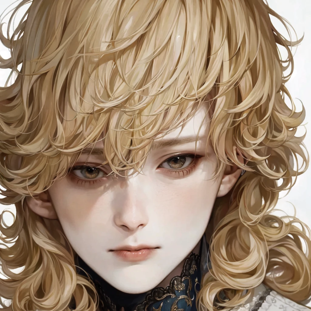 masterpiece, 1 boy, face up close, high quality, 8K, Ultra HD, actor, Curly long blonde hair