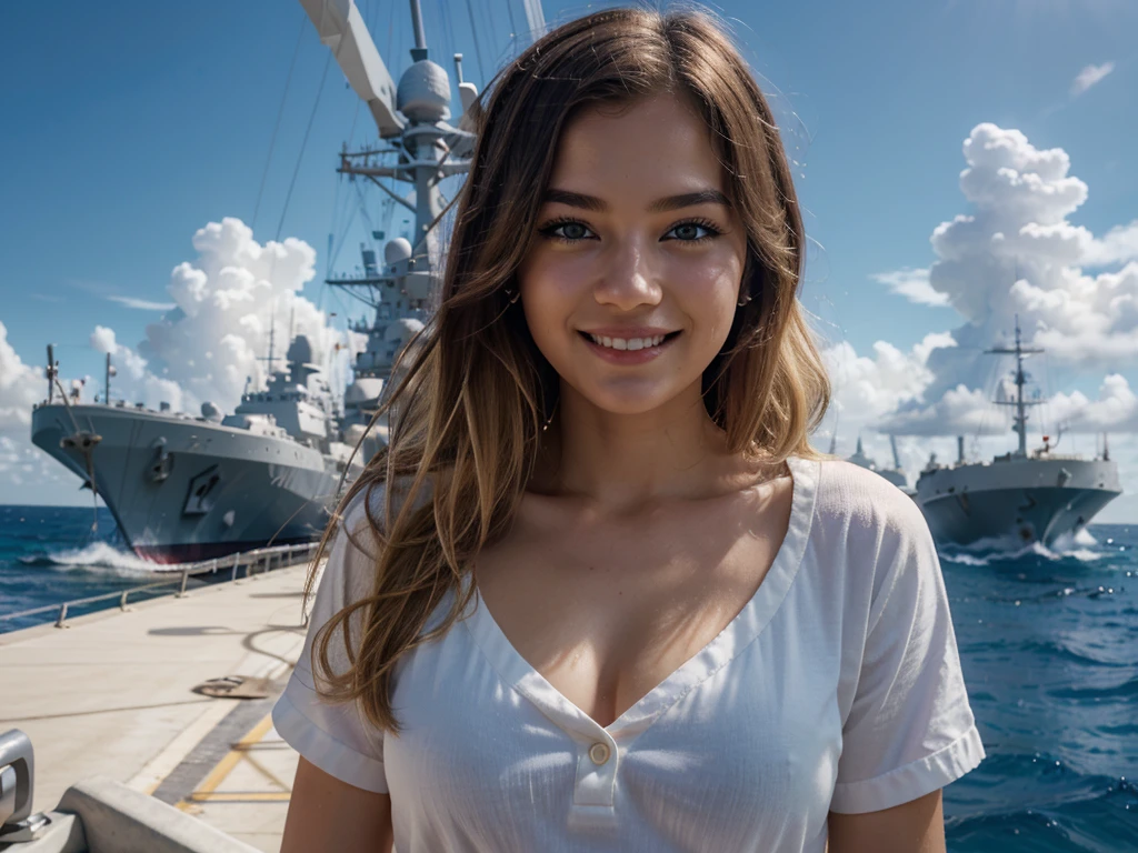{{masterpiece, best quality, extremely detailed CG, unity 8k wallpaper, cinematic lighting, }}, Sony α7, wide frame, South Pacific, during war with Asian powers, wind blowing on Aegis ship, 1 Girl, Full Body, smile, she is a US Navy sailor, Caucasian, 20 Years Old, Smile, Blonde Hair, Short Bob, blue eyes , long eyelashes ,