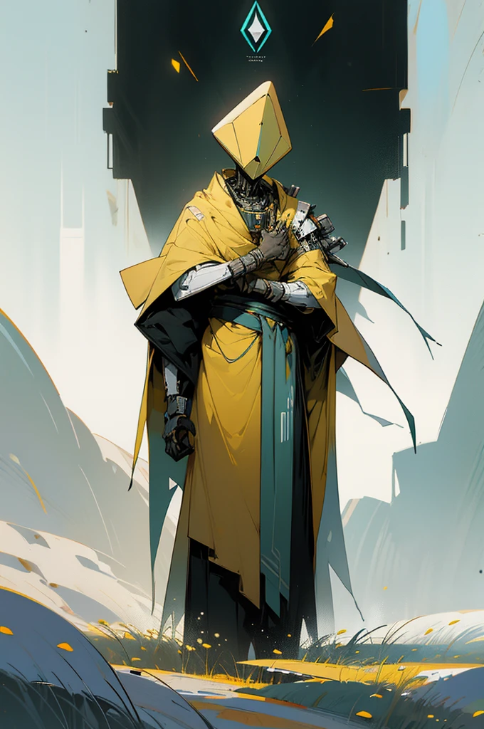 a tall slim robot, wearing a simple yellow wrap across its shoulder, a diamond shaped head, standing in a meadow filled with white flowers