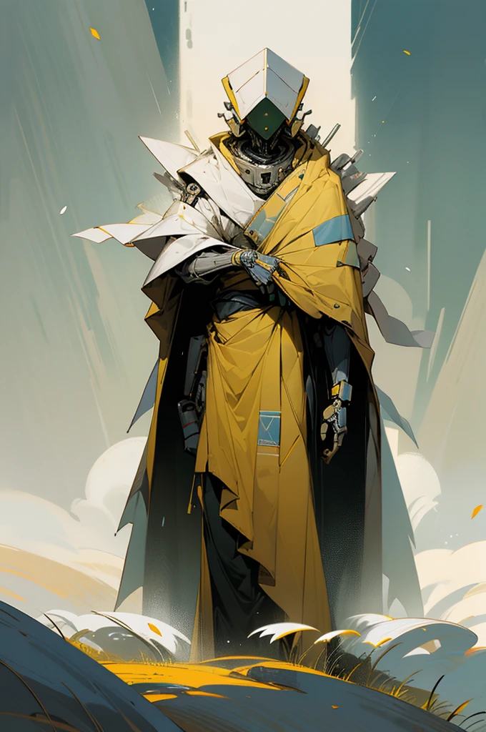 a tall slim robot, wearing a simple yellow wrap across its shoulder, a diamond shaped head, standing in a meadow filled with white flowers