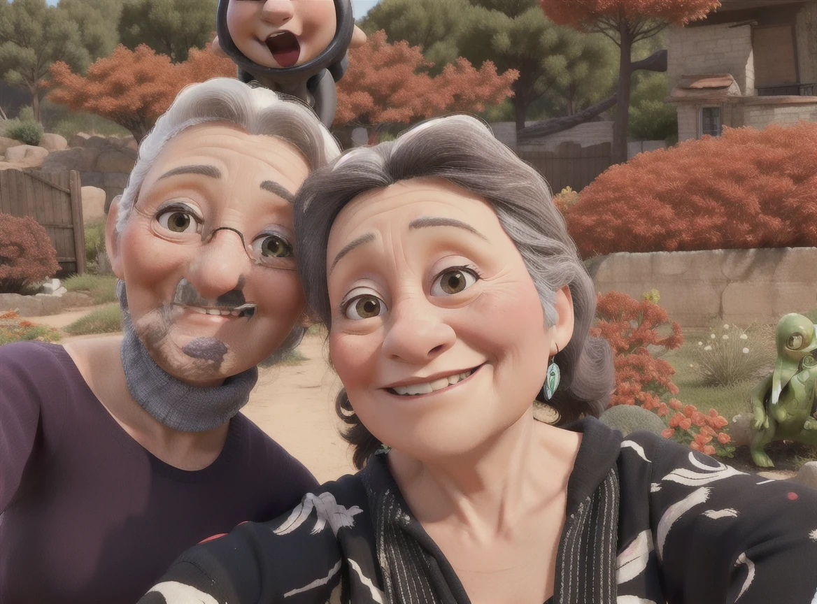imagine a 50-year-old woman with the same features as in the photo, taking a selfie with an alien.